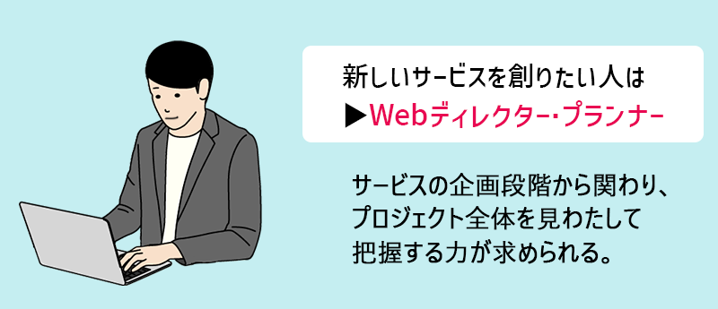 新しいサービスを創りたい人は▶Webディレクター・プランナー ●サービスの企画段階から関わり、プロジェクト全体を見わたして把握する力が求められる。