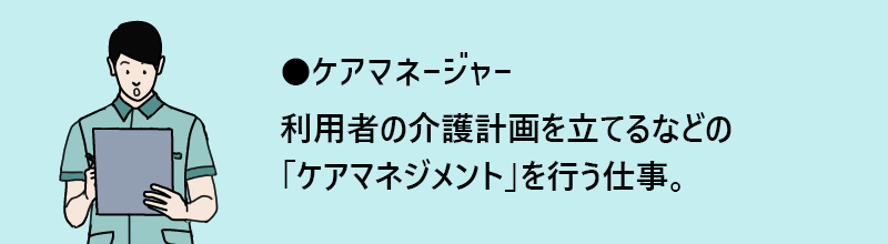 介護支援専門員(ケアマネージャー):利用者の介護計画を立てるなどの「ケアマネジメント」を行う仕事。