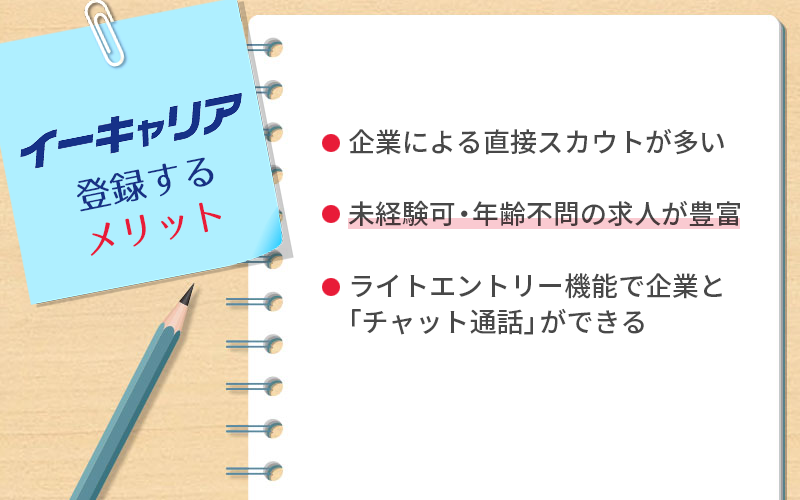 イーキャリアに登録するメリット ・企業による直接スカウトが多い ・未経験可・年齢不問の求人が豊富 ・ライトエントリー機能で企業と「チャット通話」ができる