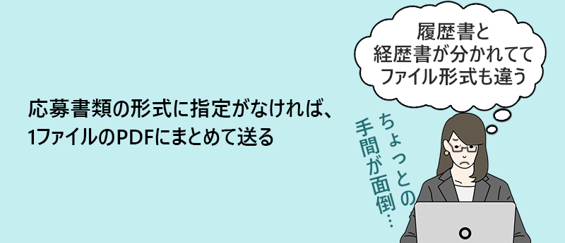 応募書類の形式に指定がなければ、1ファイルのPDFにまとめて送る