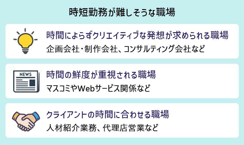 短時間勤務が難しそうなところ…●時間によらずクリエイティブな発想が求められる職場(企画会社・制作会社、コンサルティング会社など) ●時間の鮮度が重視される職場(マスコミやWebサービス関係など) ●クライアントの時間に合わせる職場(人材紹介業務、代理店営業など)