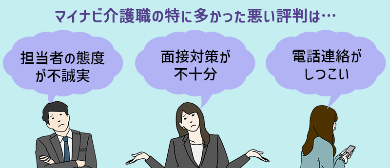 マイナビ介護職悪い評判 ●担当者の態度が不快 ●面接対策が不十分 ●電話連絡がしつこい