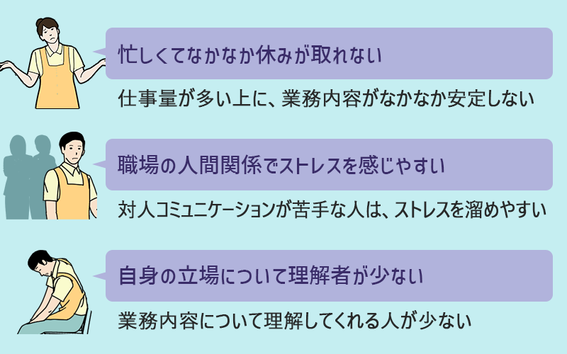 ●忙しくてなかなか休みが取れない(仕事量が多い上に、業務内容がなかなか安定しない) ●職場の人間関係でストレスを感じやすい(対人コミュニケーションが苦手な人は、ストレスを溜めやすい) ●自身の立場について理解者が少ない(業務内容について理解してくれる人が少ない)