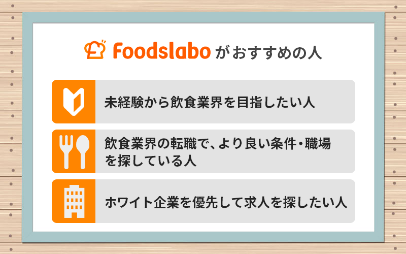 フーズラボエージェントがおすすめの人:●未経験から飲食業界を目指そうと考えている人 ●飲食業界の転職で、より良い条件・職場を探している人 ●ホワイト企業を優先して求人を探したい人