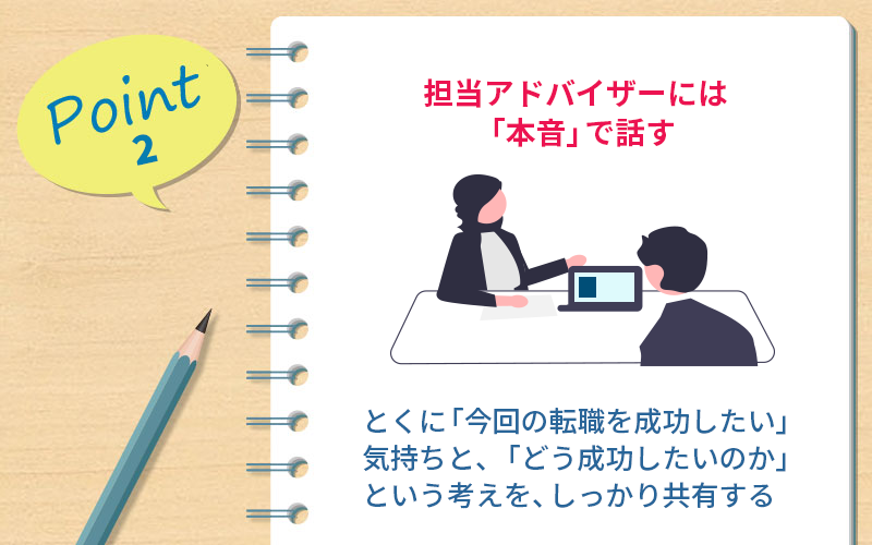 Point2 担当コンサルタントには「本音」で話す。とくに「今回の転職を成功したい」気持ちと、「どう成功したいのか」という考えを、しっかり共有すること
