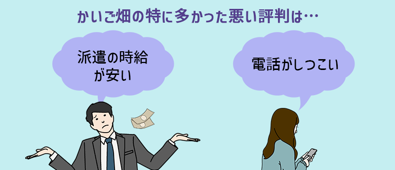かいご畑の特に多かった悪い評判は…「派遣の時給が安い」「電話がしつこい」