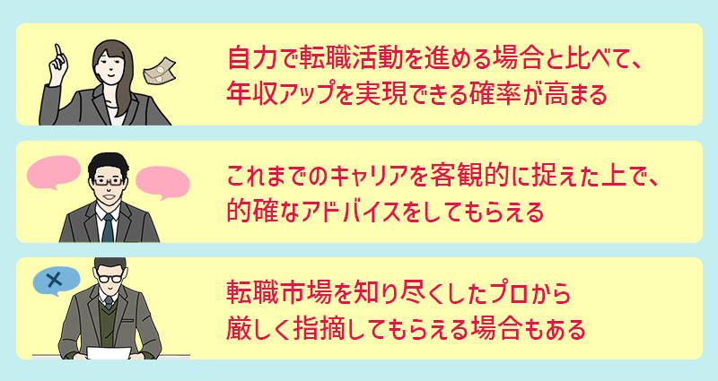 体験談から分かる、転職エージェントのメリット ●自力で転職活動を進める場合と比べて、年収アップを実現できる確率が高まる ●これまでのキャリアを客観的に捉えた上で、的確なアドバイスをしてもらえる ●転職市場を知り尽くしたプロから厳しく指摘してもらえる場合もある
