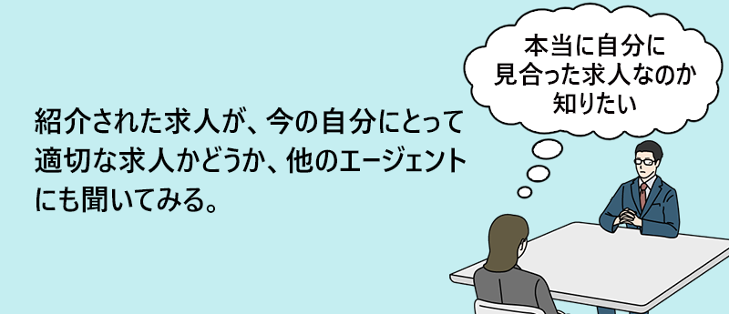 紹介された求人が、今の自分にとって適切な求人かどうか、他のエージェントにも聞いてみる。