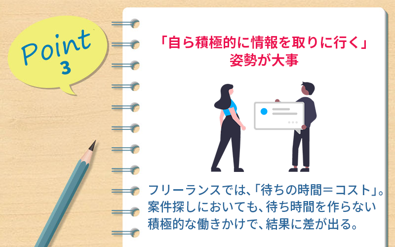 ポイント3「複数のフリーランスエージェントに登録しておく」 とくに掛け持ち案件を探している人、数ケ月の短期案件から業務に入る人は複数登録しておいた方がよい
