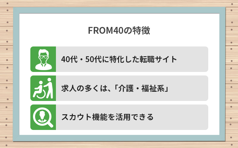 FROM40の特徴 ●40代・50代に特化した転職サイト ●求人の多くは、「介護・福祉系」 ●スカウト機能を活用できる