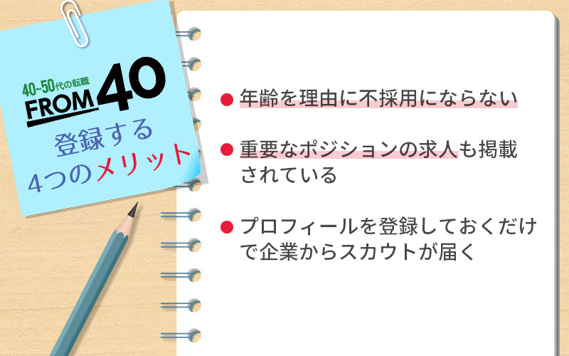 FROM40に登録するメリット ・年齢を理由に不採用にならない ・重要なポジションの求人も掲載されている ・プロフィールを登録しておくだけで企業からスカウトが届く