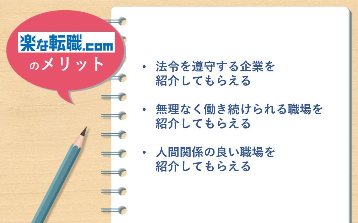 「楽な転職ドットコム」のメリット ・法令を遵守する企業を紹介してもらえる ・無理なく働き続けられる職場を紹介してもらえる ・人間関係の良い職場を紹介してもらえる