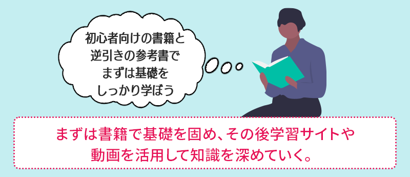まずは書籍で基礎を固め、その後学習サイトや動画を活用して知識を深めていく。
