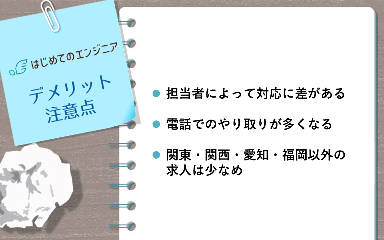 はじめてのエンジニアのデメリット・注意点: ・担当者によって対応に差がある ・電話でのやり取りが多くなる ・関東・関西・愛知・福岡以外の求人は少なめ