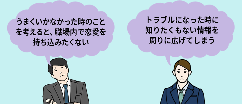 「うまくいかなかった時のことを考えると、職場内で恋愛を持ち込みたくない」「トラブルになったときに知りたくもない情報を周りに広げてしまう」