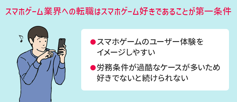 スマホゲーム業界への転職はスマホゲーム好きであることが第一条件 ●スマホゲームのユーザー体験をイメージしやすい ●労務条件が過酷なケースが多いため好きでないと続けられない