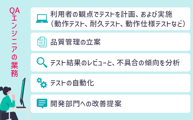 ●QAエンジニアの仕事内容: ・利用者の観点でテストを計画・実施 ・品質管理の立案テスト ・結果のレビュー・不具合分析テストの自動化 ・開発部門への改善提案