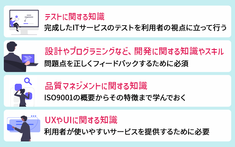 ●QAエンジニアに必要な知識・スキル ・テストに関する知識(完成したITサービスのテストを利用者の視点に立って行う) ・設計やプログラミングなど、開発に関する知識やスキル(問題点を正しくフィードバックするために必須) ・品質マネジメントに関する知識(ISO9001の概要からその特徴まで学んでおく) ・UXやUIに関する知識(利用者が使いやすいサービスを提供するために必要)