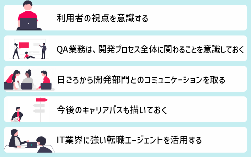 ●未経験からQAエンジニアを目指す際に意識したい5つのポイント ・利用者の視点を意識する ・開発プロセス全体に関わることを意識する ・開発部門とのコミュニケーション ・今後のキャリアパスを描いておく ・IT業界に強い転職エージェントの活用