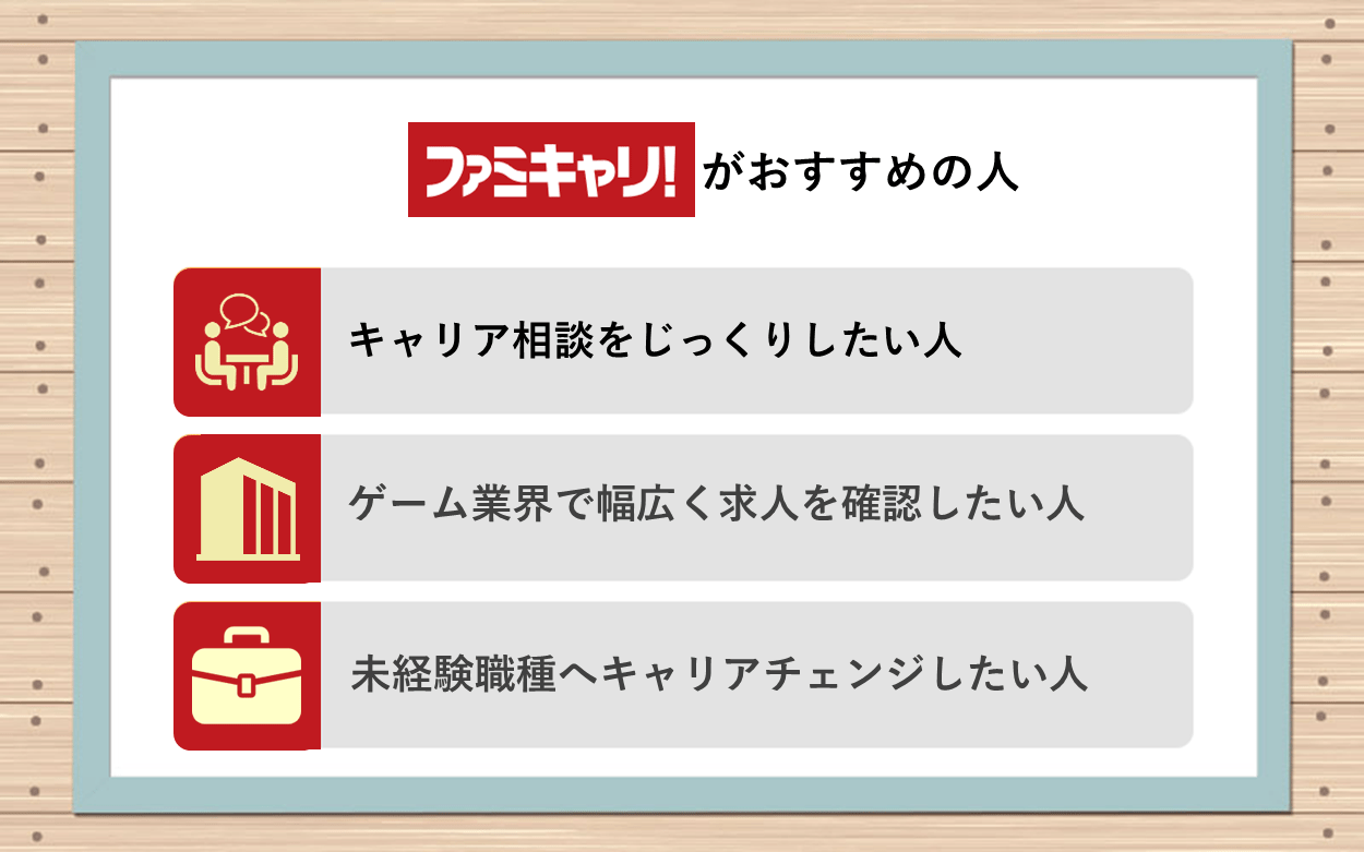 ファミキャリ!がおすすめの人:●キャリア相談をじっくりしたい人 ●ゲーム業界で幅広く求人を確認したい人 ●未経験職種へキャリアチェンジしたい人