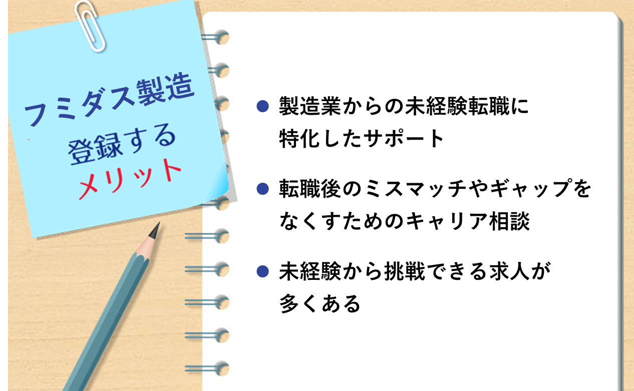フミダス製造に登録するメリット: ・製造業からの未経験転職に特化したサポート ・転職後のミスマッチやギャップをなくすためのキャリア相談 ・未経験から挑戦できる求人が多くある