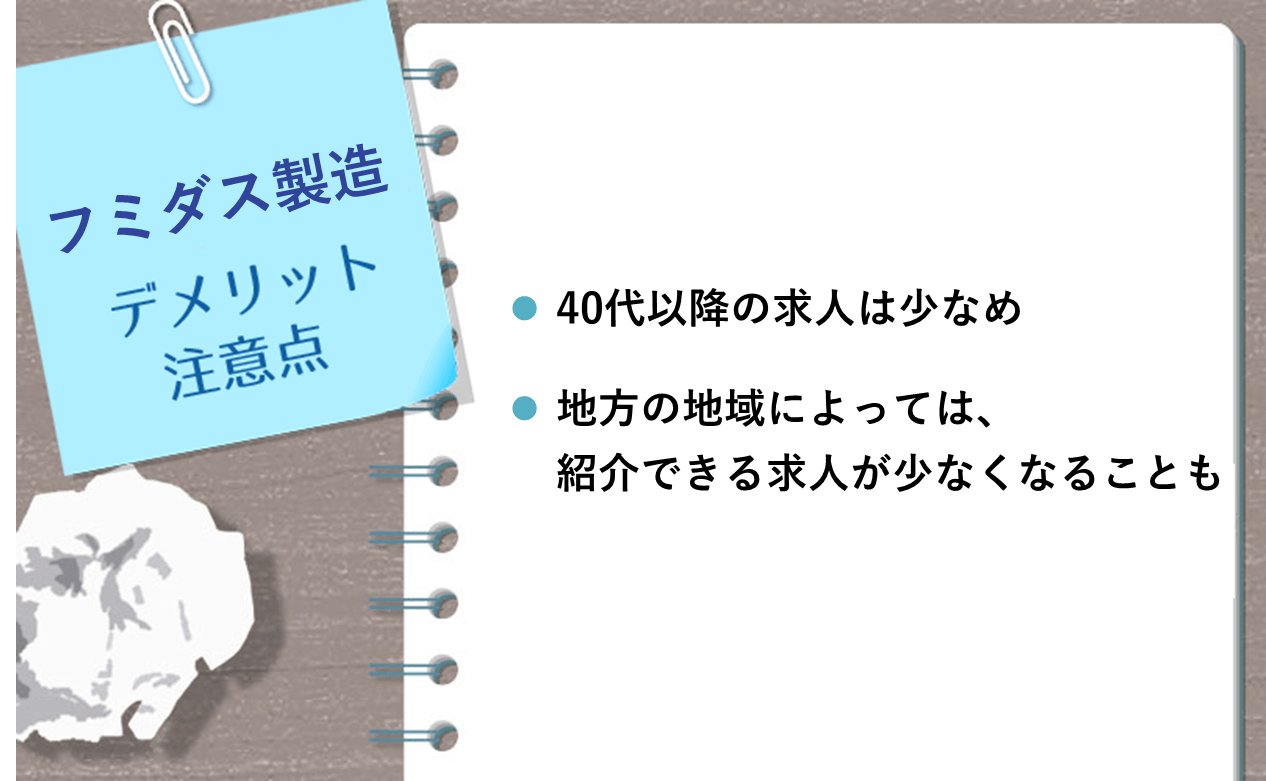 フミダス製造のデメリット・注意点: ・40代以降の求人は少なめ ・地方によっては、紹介求人が少ないことも