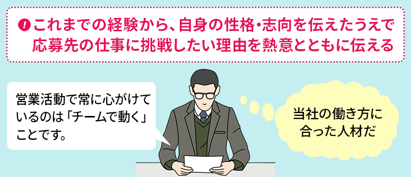 ・これまでの経験(経歴・学歴)から、自身の性格・志向を伝えたうえで、応募先の仕事に挑戦したい理由を熱意とともに伝える →採用担当の心象「当社の働き方に合った人材だ」