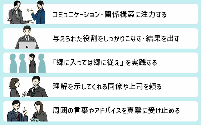 新たな職場に慣れるための取り組み例 ・コミュニケーション・関係構築に注力する ・与えられた役割をしっかりこなす・結果を出す ・「郷に入っては郷に従え」を実践する ・理解を示してくれる同僚や上司を頼る ・周囲の言葉やアドバイスを真摯に受け止める