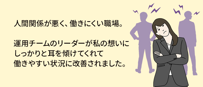 人間関係が悪く、働きにくい職場。運用チームのリーダーが私の想いにしっかりと耳を傾けてくれて働きやすい状況に改善されました。