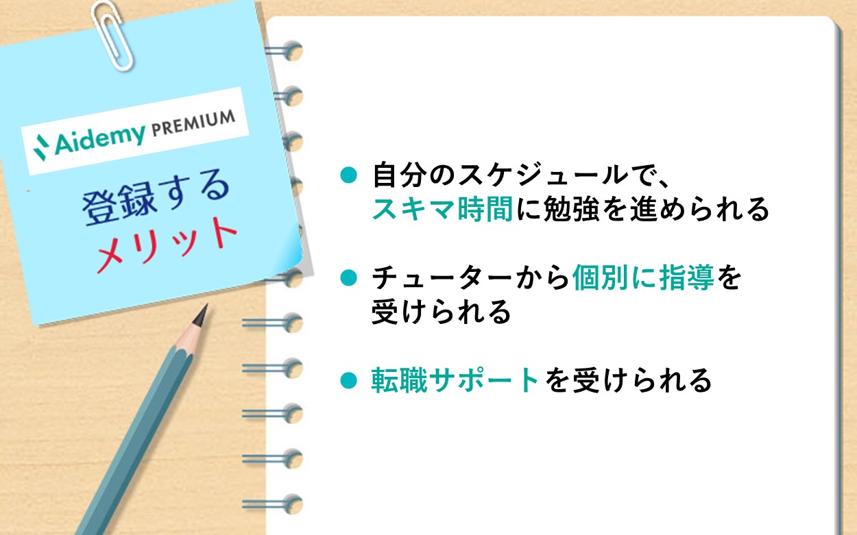 Aidemy Premiumに登録するメリット: ・自分のスケジュールで、スキマ時間に勉強を進められる ・チューターから個別に指導を受けられる ・転職サポートを受けられる
