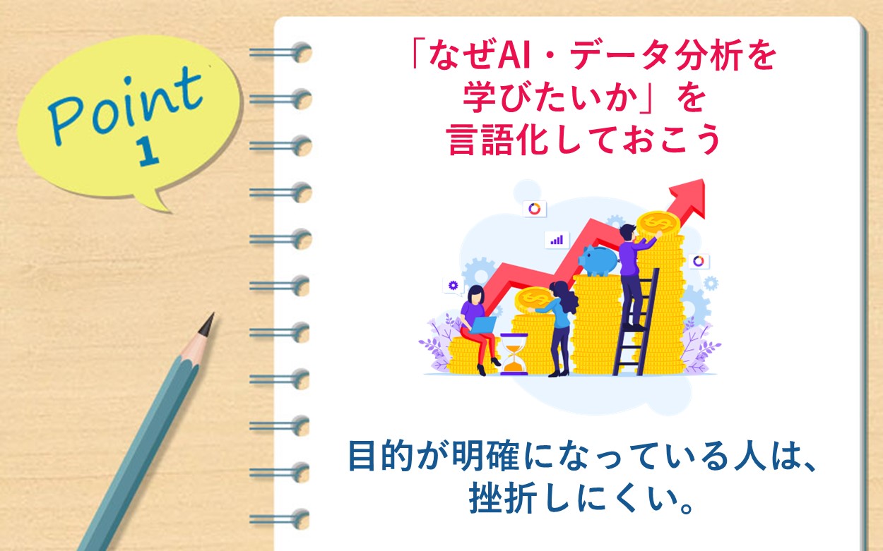 Point1 「なぜAI・データ分析を学びたいか」を言語化しておこう …目的が明確になっている人は、挫折しにくい。