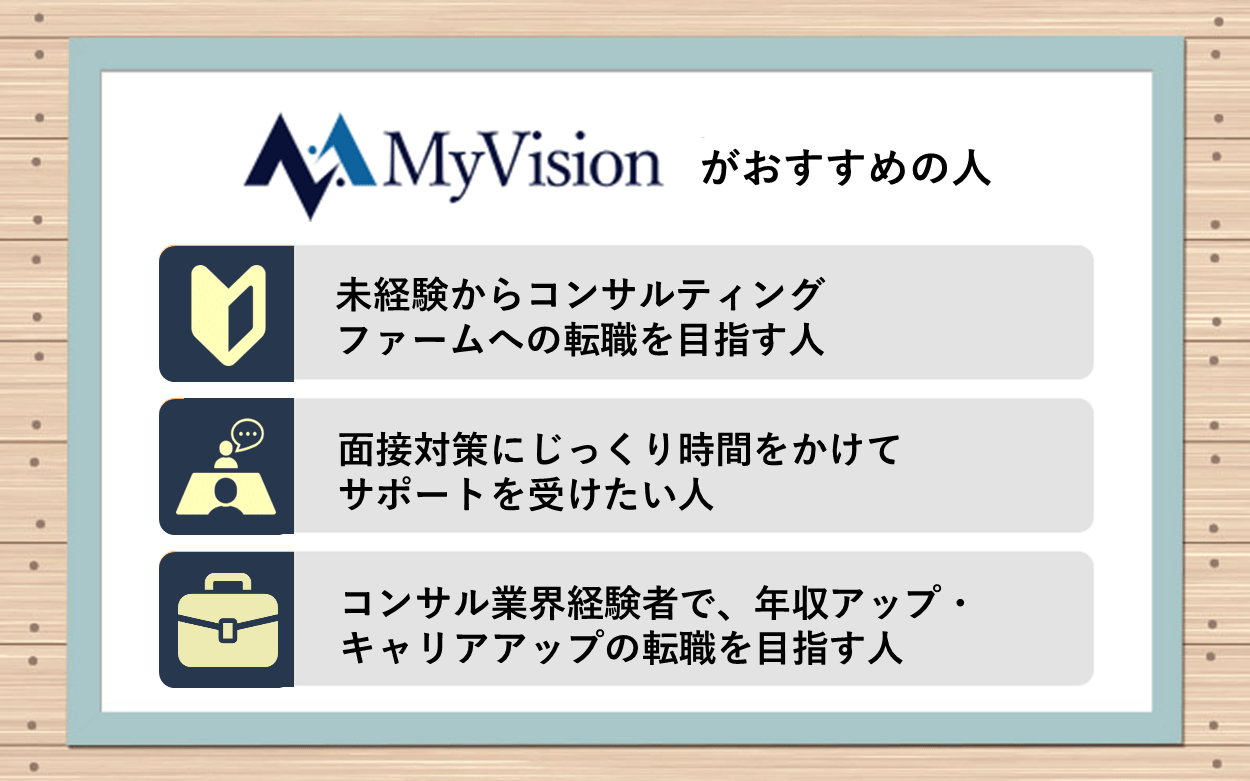 マイビジョンがおすすめの人:●未経験からコンサルティングファームへの転職を目指す人 ●面接対策にじっくり時間をかけてサポートを受けたい人 ●コンサル業界経験者で、年収アップ・キャリアアップの転職を目指す人