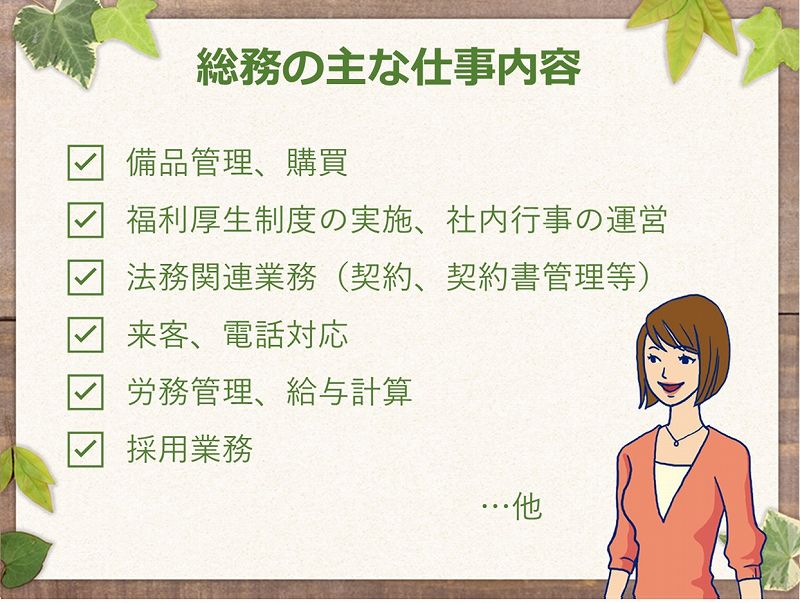 総務の主な仕事内容 ●備品管理、購買 ●福利厚生制度の実施、社内行事の運営 ●法務関連業務(契約、契約書管理等) ●来客、電話対応 ●労務管理、給与計算 ●採用業務