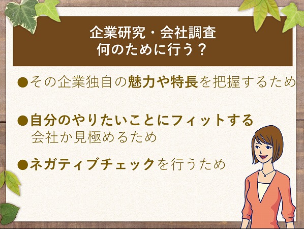 企業研究・会社調査何のために行う?・その企業独自の魅力や特長を把握するため・自分のやりたいことにフィットする会社か見極めるため・ネガティブチェックを行うため
