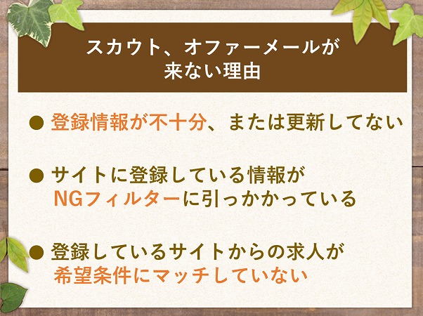 スカウト、オファーメールが来ない理由● 登録情報が不十分、または更新してない● サイトに登録している情報がNGフィルターに引っかかっている● 登録しているサイトからの求人が希望条件にマッチしていない