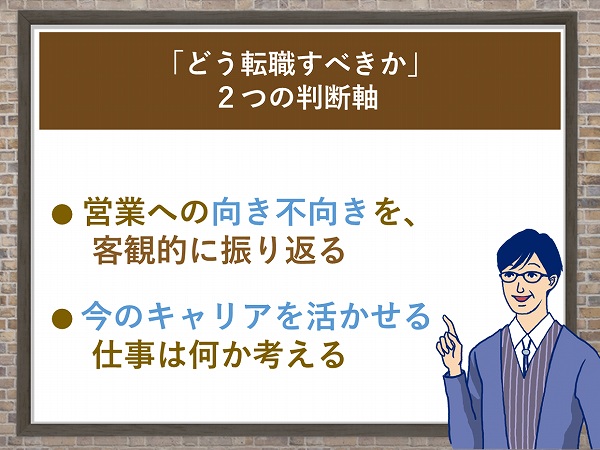 「どう転職すべきか」2つの判断軸● 営業への向き不向きを、客観的に振り返る● 今のキャリアを活かせる仕事は何か考える