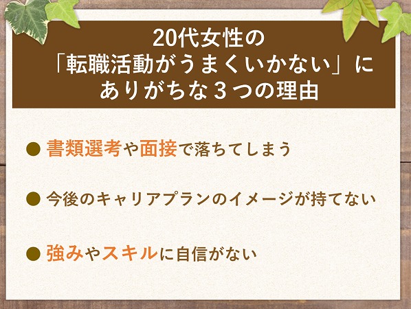 20代女性の「転職活動がうまくいかない」にありがちな3つの理由● 書類選考や面接で落ちてしまう● 今後のキャリアプランのイメージが持てない● 強みやスキルに自信がない