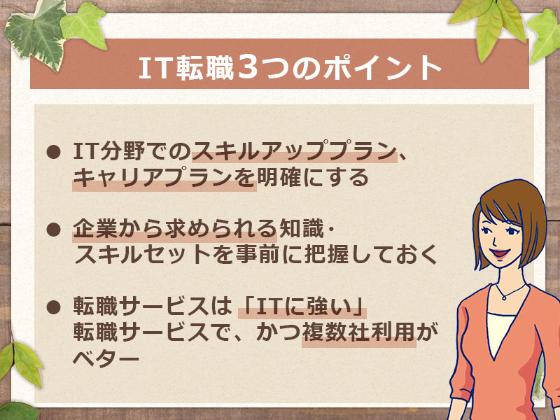 IT転職3つのポイント ■IT分野でのスキルアッププラン、キャリアプランを明確にする ■企業から求められる知識・スキルセットを事前に把握しておく ■転職サービスは「ITに強い」転職サービスで、かつ複数社利用がベター