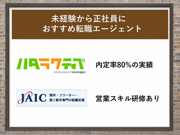 未経験から正社員におすすめ転職エージェント。ハタラクティブ:内定率80%の実績。JAIC:営業スキル研修あり