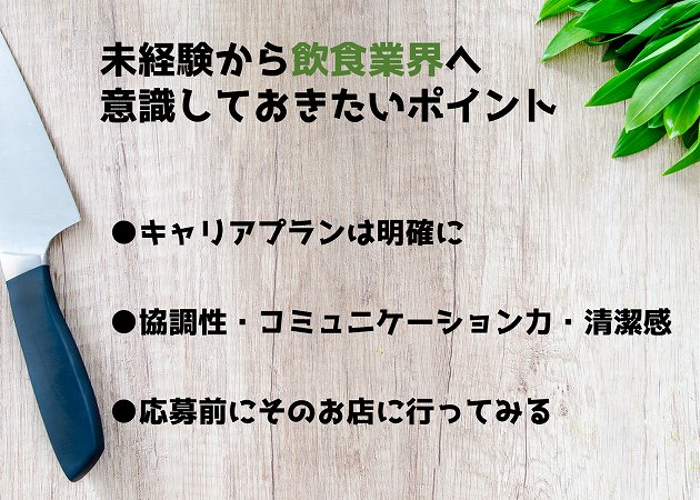 未経験から飲食業界へ意識しておきたいポイント●キャリアプランは明確に●協調性・コミュニケーション力・清潔感●応募前にそのお店に行ってみる