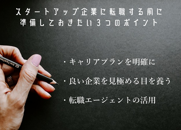 スタートアップ企業に転職する前に準備しておきたい3つのポイント・キャリアプランを明確に・良い企業を見極める目を養う・転職エージェントの活用