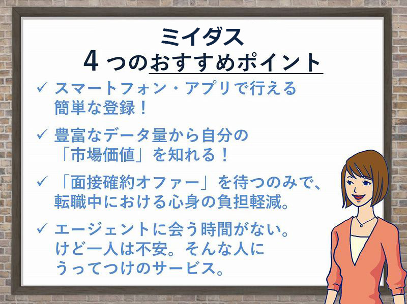 ミイダス4つのおすすめポイント。・スマートフォン・アプリで行える簡単な登録。・豊富なデータ量から自分の「市場価値」を知れる。・「面接各宅のオファー」を待つのみで、天職中における心身の負担軽減。・エージェントに会う時間が無い。けど1人は不安。そんな人にうってつけのサービス。