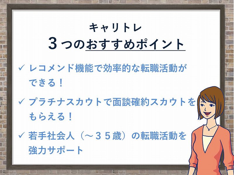キャリトレ3つのおすすめポイント。・レコメンド機能で効率的な転職活動ができる!。・プラチナスカウトで面談確約スカウトをもらえる!。・若手社会人(~35歳)の転職活動を協力サポート!