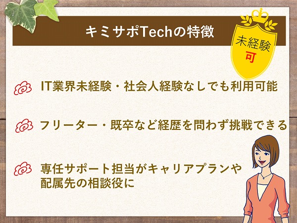 キミサポTechの特徴。未経験可・IT業界未経験・社会人経験なしでも利用可能・フリーター・既卒など経歴を問わず挑戦できる・専任サポート担当がキャリアプランや配属先の相談役に。
