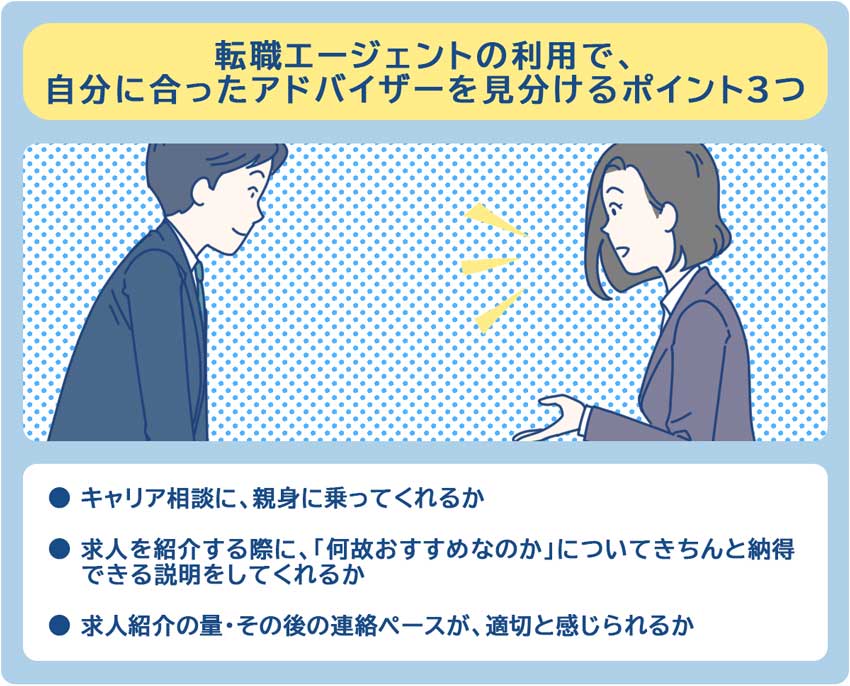 転職エージェントの利用で自分に合ったアドバイザーを見分けるポイント3つ ●キャリア相談に、親身に乗ってくれるか ●求人を紹介する際に、「何故おすすめなのか」についてきちんと納得できる説明をしてくれるか ●求人紹介の量・その後の連絡ペースが、適切と感じられるか
